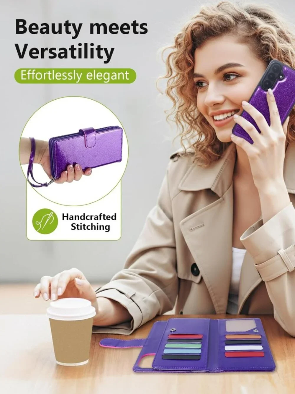 Samsung Galaxy S26 Wallet Case RFID Detachable Card Holder Glitter Purple Cover